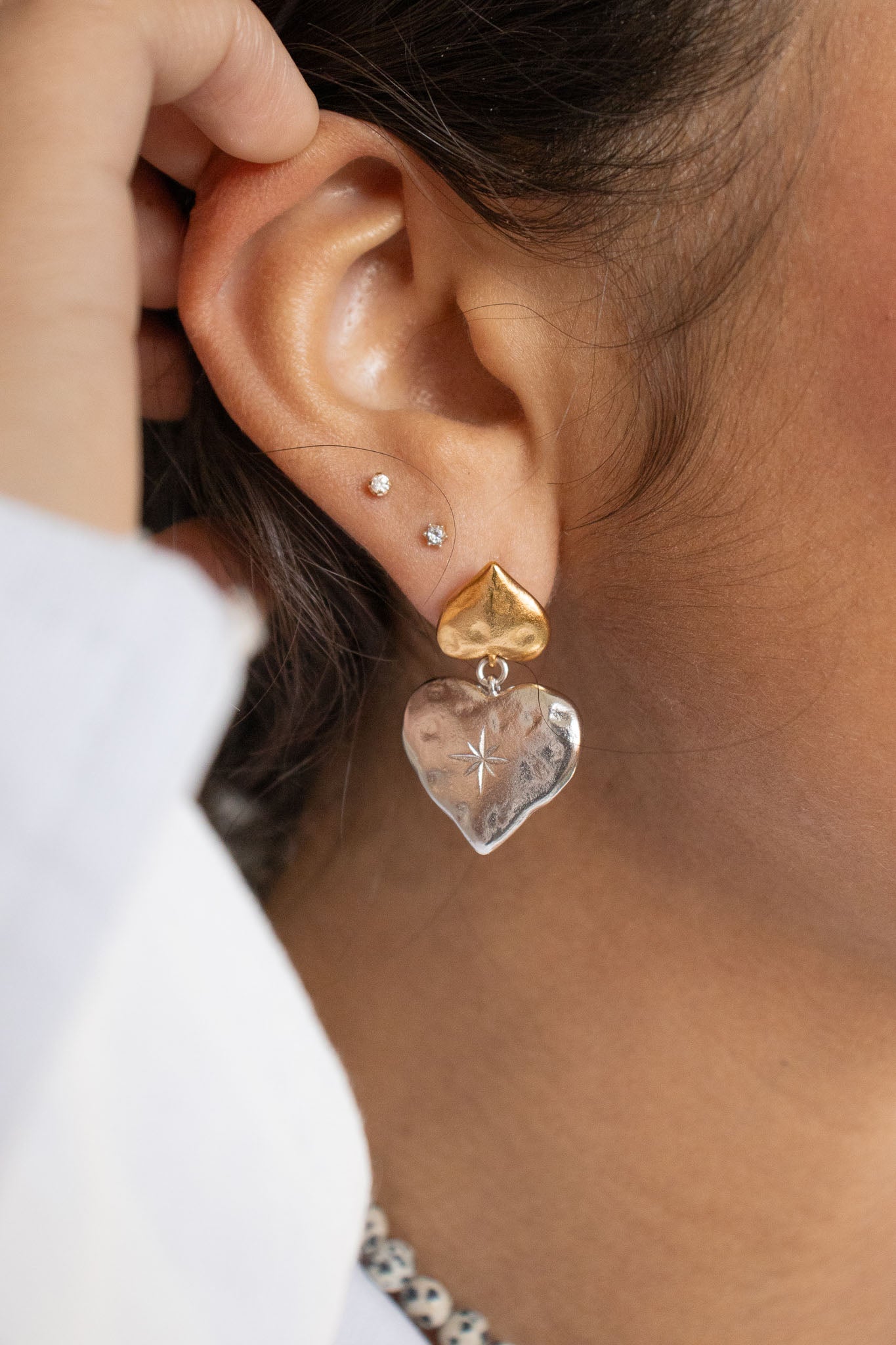 Two-Toned Heart Earrings in Silver