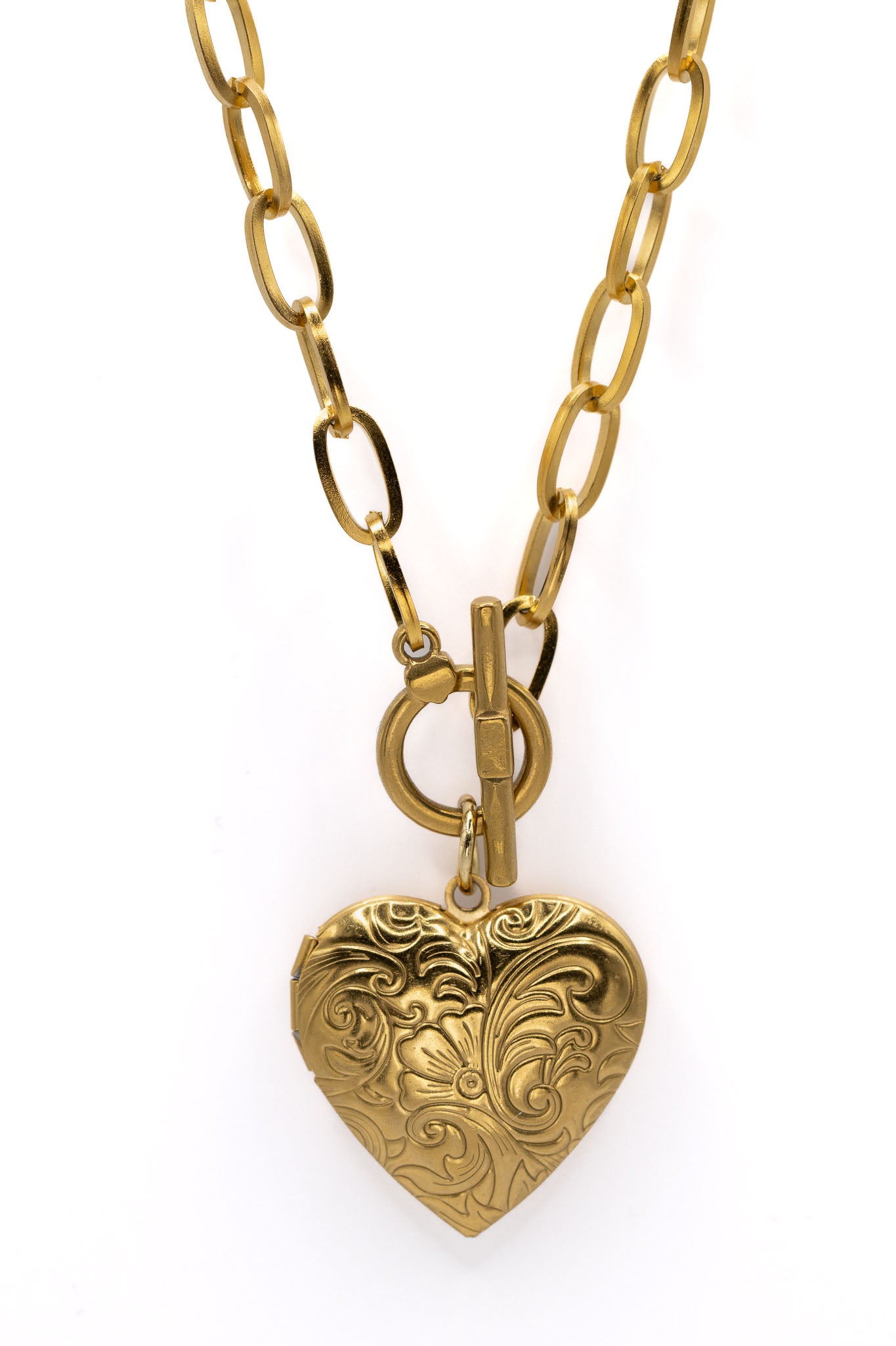 Chunky 18k Gold Plated Heart Locket Necklace Paperclip Chain