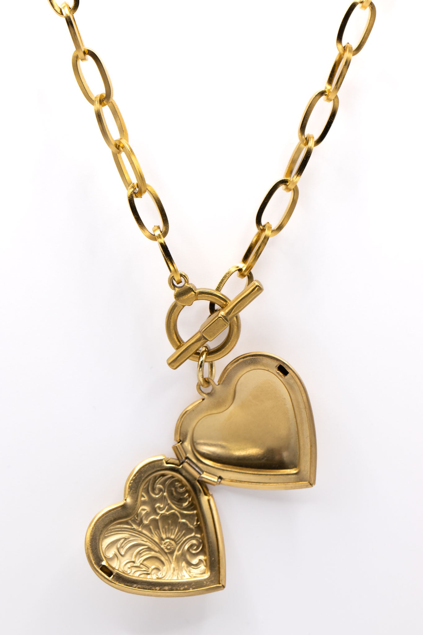Chunky 18k Gold Plated Heart Locket Necklace Paperclip Chain