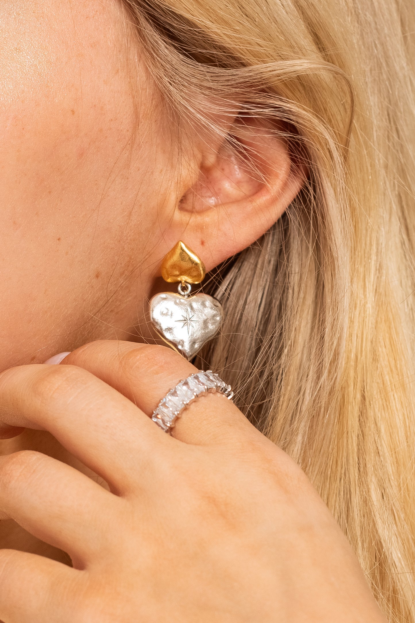 Two-Toned Heart Earrings in Silver