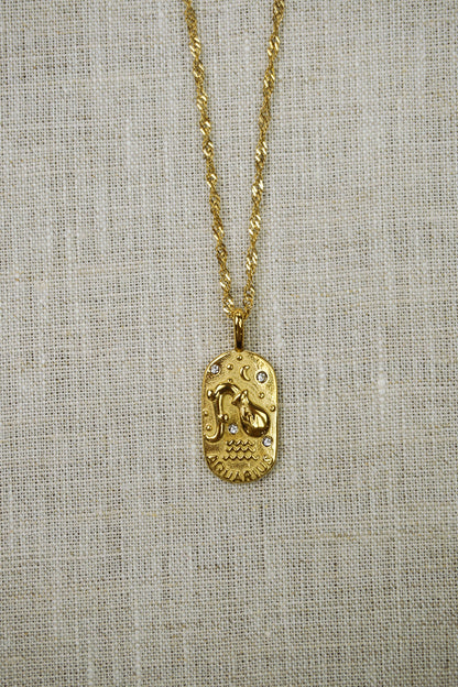 Gold thin dainty necklace with an aquarius zodiac pendant