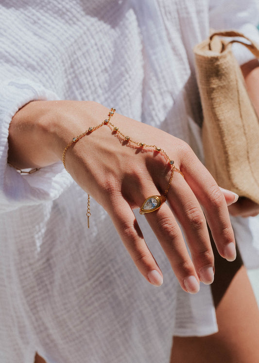 Close-up of a hand wearing gold jewelry with a blurred background