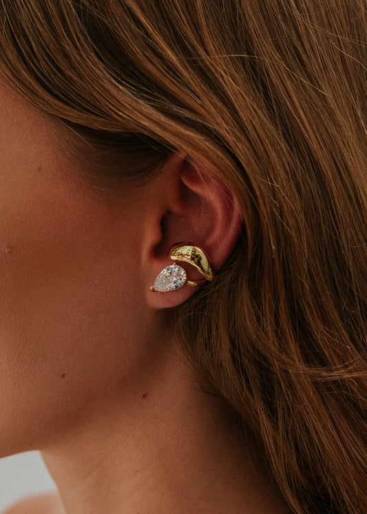Close-up of a person wearing gold earrings with a blurred background